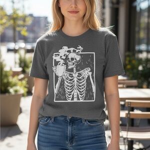 NWOT boutique, skeleton, drinking a coffee, graphic Gray tee